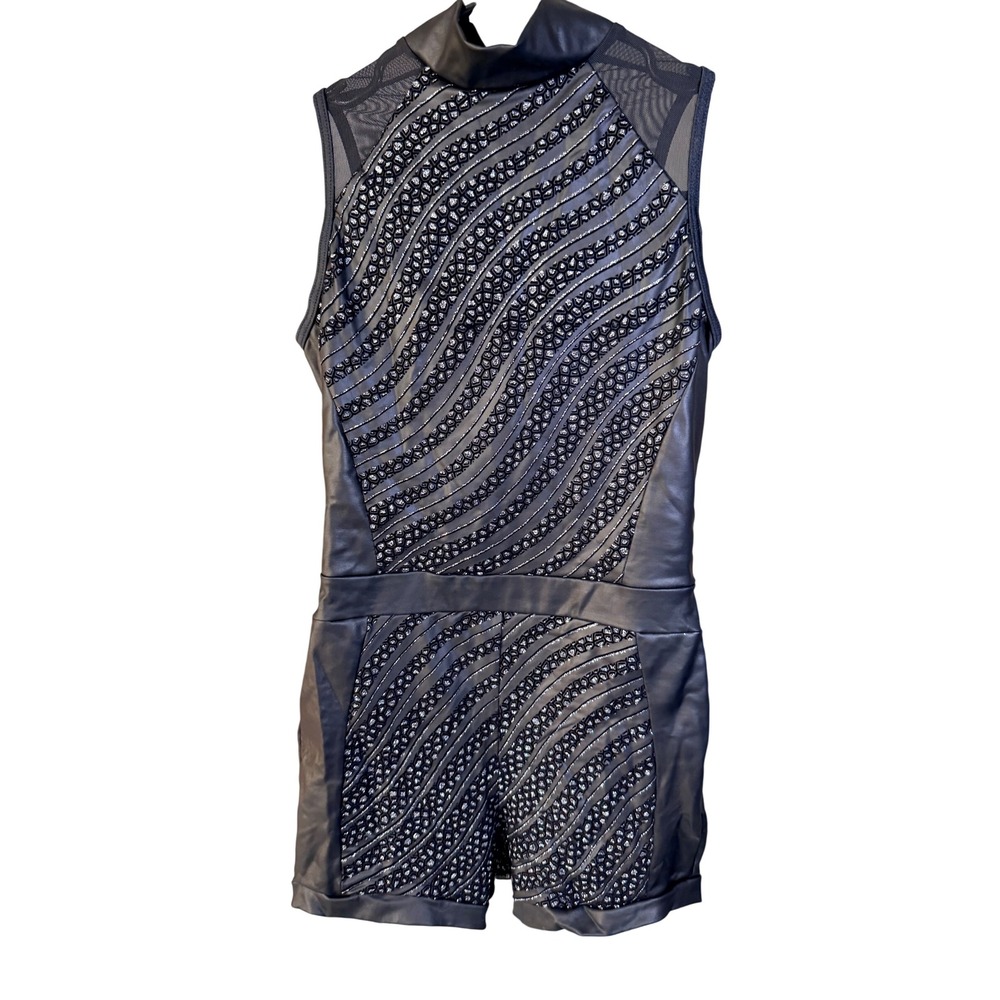 Weissman Dance Romper SA Black Faux Leather Sequin Mesh Polyester Spandex
